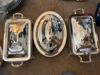 Three Silver Plate Serving Vessels With Covers Two Rectangle One Oval - 2Den21