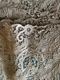 Stunning 120 Inch Long Ecru Lace Table Cloth Minor Wear Blue Tissue Separated Layers - 2Den25