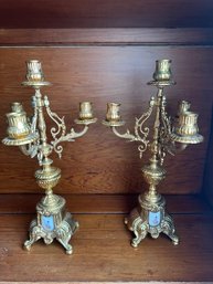 Pair Of Gorgeous Tall Antique Rococo Style 3 Arm  Center Candelabras With Painted Porcelain Details - 21