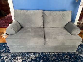 Beautiful Like New Grey Loveseat In Spotless Micro Fiber Fabric With Pillows