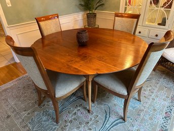 D.R. Dimes Custom Crafted Dining Table & 4 Upholstered Shiny Wood Trimmed Ethan Allen Chairs - DR1