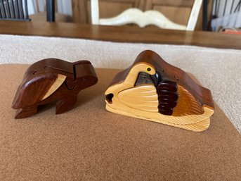 Vintage Handcarved Wooden Puzzle Boxes Sea Turtle & Swan