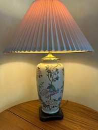 Ceramic Painted Floral And Bird Table Lamp With Pleated Shade - LV1