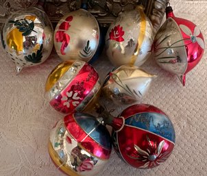 8 Antique Mercury Glass Hand Painted Ornaments Skier, Man Carrying Tree From Poland? - G2