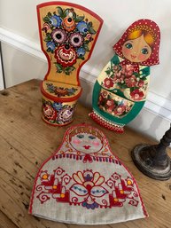 Bundle Of Russian Items Tea Cozy, Handpainted Wooden Holder