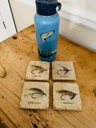 Fly Fishing Stone Coasters & Like New Thermos