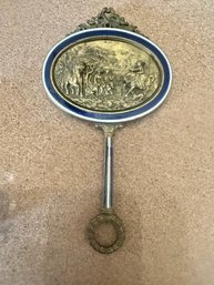 Antique French Gilt Bronze Hand Mirror Blue/white Enamel Inlay