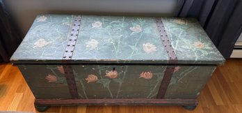 Antique Green Hand Painted Chest With Pink Flowers - A4
