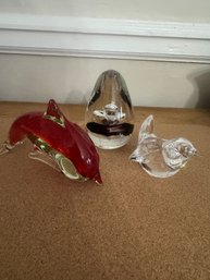 Art Glass Lot . Steuben Bird, Murano Style Dolphin, Paperweight