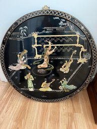 Wonderful Large Black Lacquered Japanese Wall Panel Mother Of Pearl Geishas - D13
