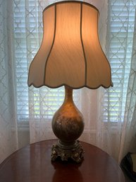 Tall And Heavy Brass Base - Cherub Adorned Glass Lamp With Stunning Shade