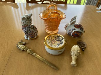 Collectors Lot - Includes Two Imari Style Figures Cat, Chokin Trinket Box And Carnival Glass Basket - K10