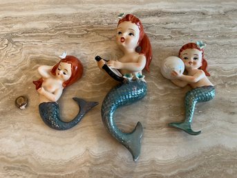Three Lefton Vintage Numbered Ceramic Redheaded Mermaid Wall Hang Hangings See Description - D19