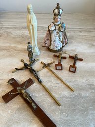 Infant Of Prague. Plus Small Crosses And Madonna Figurine - D21