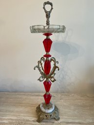 Vintage Elaborate Tall Brass And Ruby Red Freestanding Ash Tray - D23