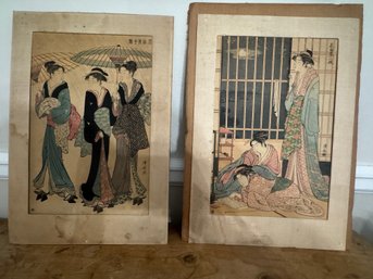 Vintage Japanese Ukiyo-e Wood Block 2 Prints .. Show Light Wear On Matte