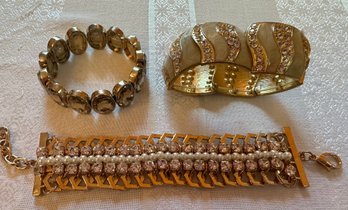 Three Stylish Gold Tone Bracelets With Faux Pearls, Gems & Rhinestones..8