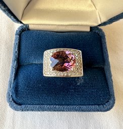 14k White Gold Large Stone Amethyst And Diamond Wide Band Ring - 20