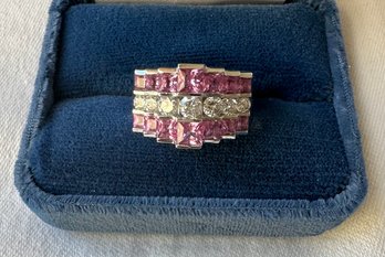 14k White Gold Large Stone Pink Sapphire And Diamond Wide Band Ring - 9