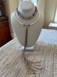 White House Black Market Long Gold Tone Necklace And Ann Taylor Crystal Necklace - J1