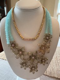 Pretty Light Blue Stone And Gold Tone Flower Statement Necklace & Dainty Gold Tone W/ Glass Necklace - J4
