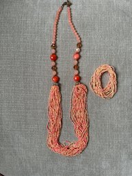 Pretty Peach And Coral Beaded Necklace With Matching Stretchy Beaded Bracelets - 33