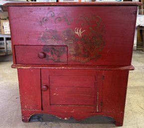1880s Red Painted Cabinet With Gold Decorative Asian Or Folkart Influence  - G11