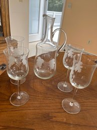 Etched Glass Pitcher With 4 Matching Stem Glasses - D9