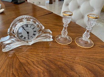 Shannon Glass Mantle Clock And 2 Gold & Glass Candle Sticks - D10