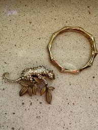Feline Gold Tone Brooch With Shiny Gold Hinged Bracelet - J22
