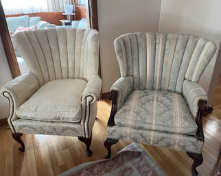 2 Elegant Brocade Nailhead Decorated Wingback Chairs With Wood Legs- L10