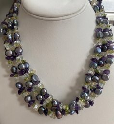 14k Gold Clasp, 3 Strand Gray Baroque Pearl, Amethyst, Peridot & Citrine Chip Choker - 17