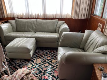 3 Pc ITAL Set - Light Sage Green Leather Couch, Matching Chair And Ottoman  - DN01