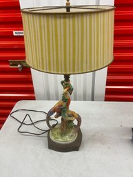 Italian Ceramic Or Porcelain Parrot Table Lamp Featuring Two Birds On A Bran