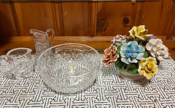 Three Crystal Piece Lot Creamer, Cruet And Porcelain Flower Centerpiece - B03