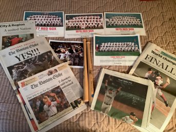 Boston Red Sox Vintage Team Photos ,  2004 News Papers Plus 2 Mini Louisville Slugger Bats - BL141