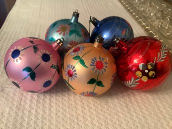 5 Antique Large Mercury Glass Hand Painted Ornaments By Santa Land, Etc - G1