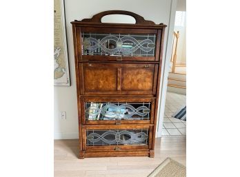 Secretary / Bookcase With 3 Faux Stained Glass Sliding Doors And Mirror Top - Den1