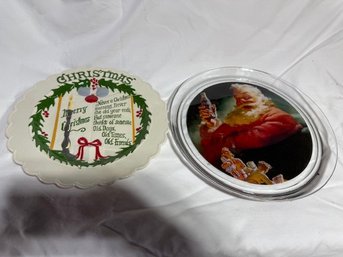 A Coca Cola Sant Claus Tray 1993, And A Merry Christmas Hand Painted Plate