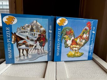 2 Shaped Puzzles 600 Pieces Each Winter Scene And Rooster