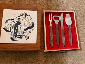 Vintage Fred Roberts Vino Barware And Cheese Set In Tiled Case