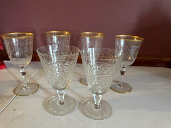 4 Gold Rimmed 1900's Wine Glasses And 2 Cut Crystal