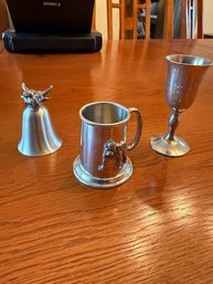 Three Pewter Cups, Bulldog, Bull Shot Glass And Etched Initial