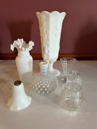 Collection Of Milk Glass Crystal  Hobnail, Vases Of All Shapes And Sizes