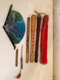 Collection Of Recorders, Fans And Knife With Shield