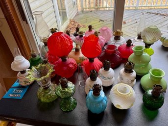 Large Collection Of Hurricane Oil Lamps, Bases, Etc (left Side)