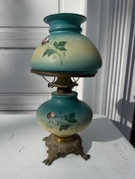 Oil Hurricane Lamp, Hand Painted Glass Shade And Base