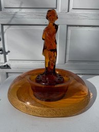 Cambridge Glass Draped Lady Figural Flower  Frog In Amber Glass
