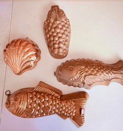 Group Of 4 Copper Molds ~ Fish, Shell, Grapes