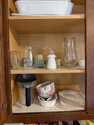 All Contents Of Cabinet Baking Dishes, Glass Pitchers, Cups,platters Etc